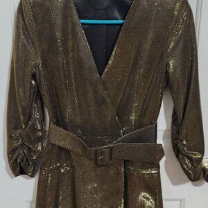 ZARA wrap style gold belted metallic thread blazer mini cocktail dress V neck XS